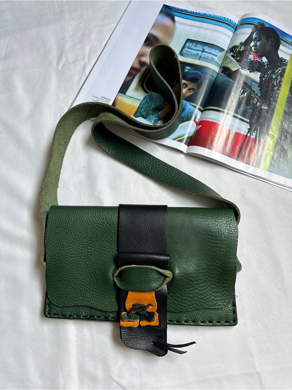 Green Leather Crossbody Bag with Black & Mustard Accent
